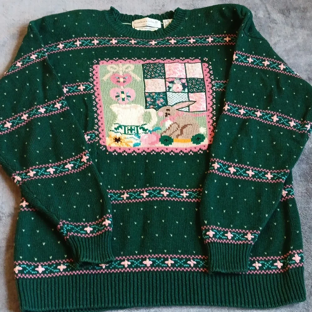 Northern Isles II Hand Embroidered Vintage Bunny Cottage Sweater Green Fall Knit - Picture 2 of 10